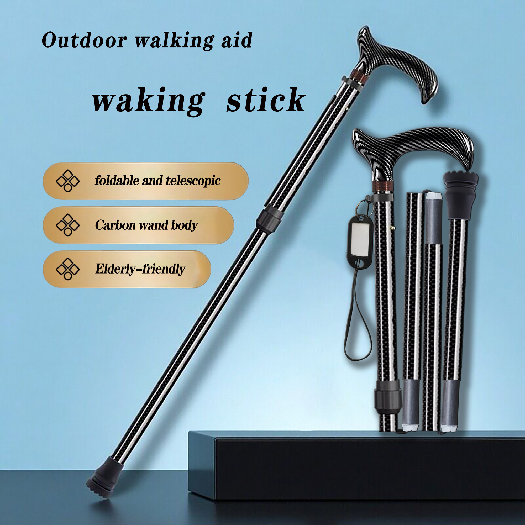Trekking Pole Carbon - Carbon Fiber Folding Extendable HikingCane Anti-Slip